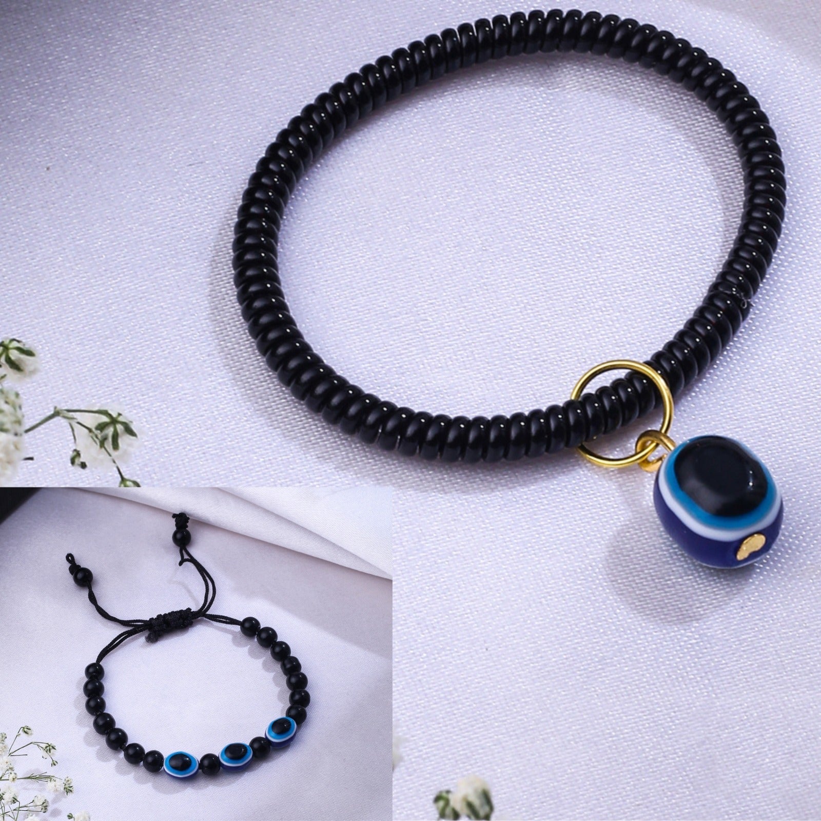 Unisex Set Of 2 Black Evil Eye Bracelet