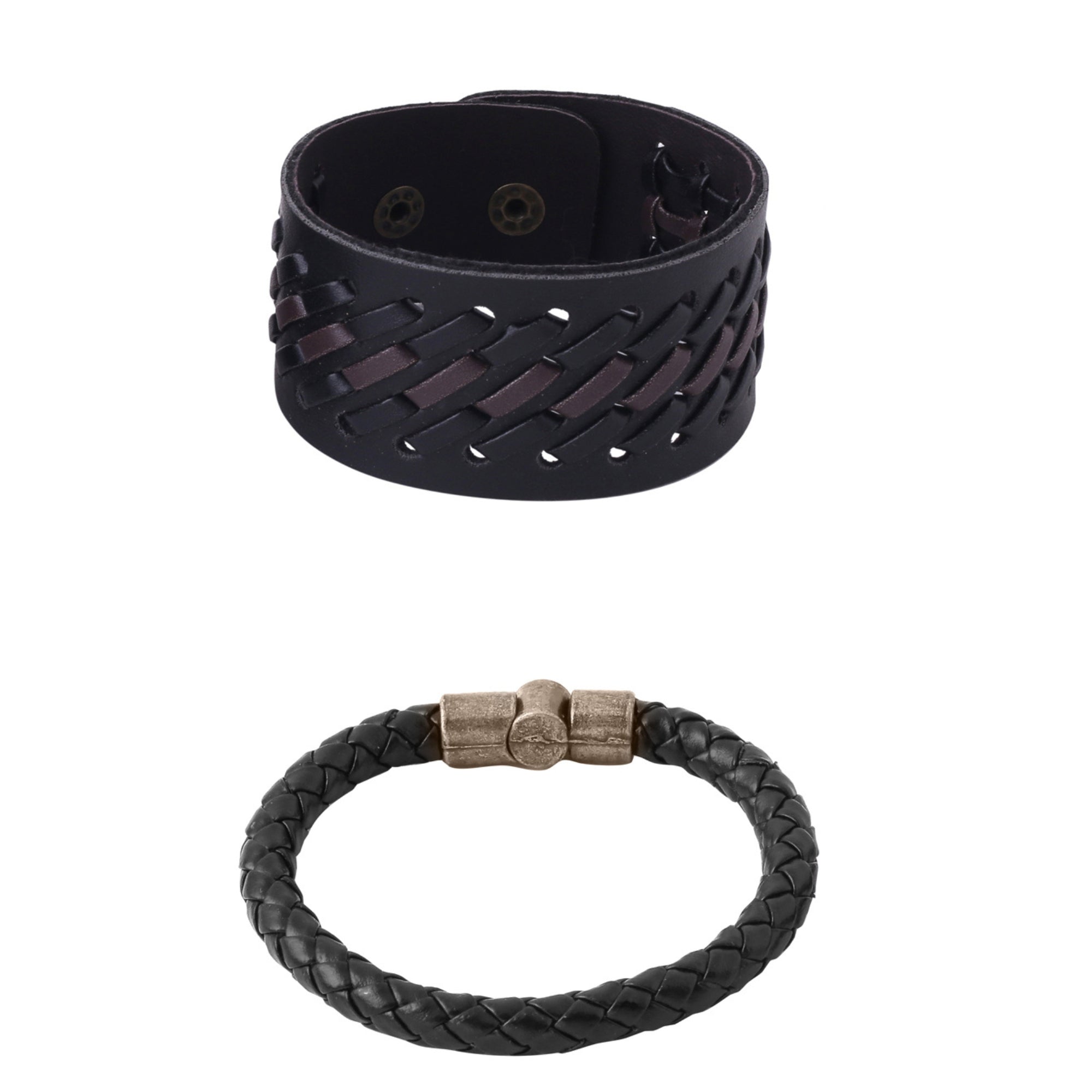 Men's Set Of 2 Black Leather Bracelet