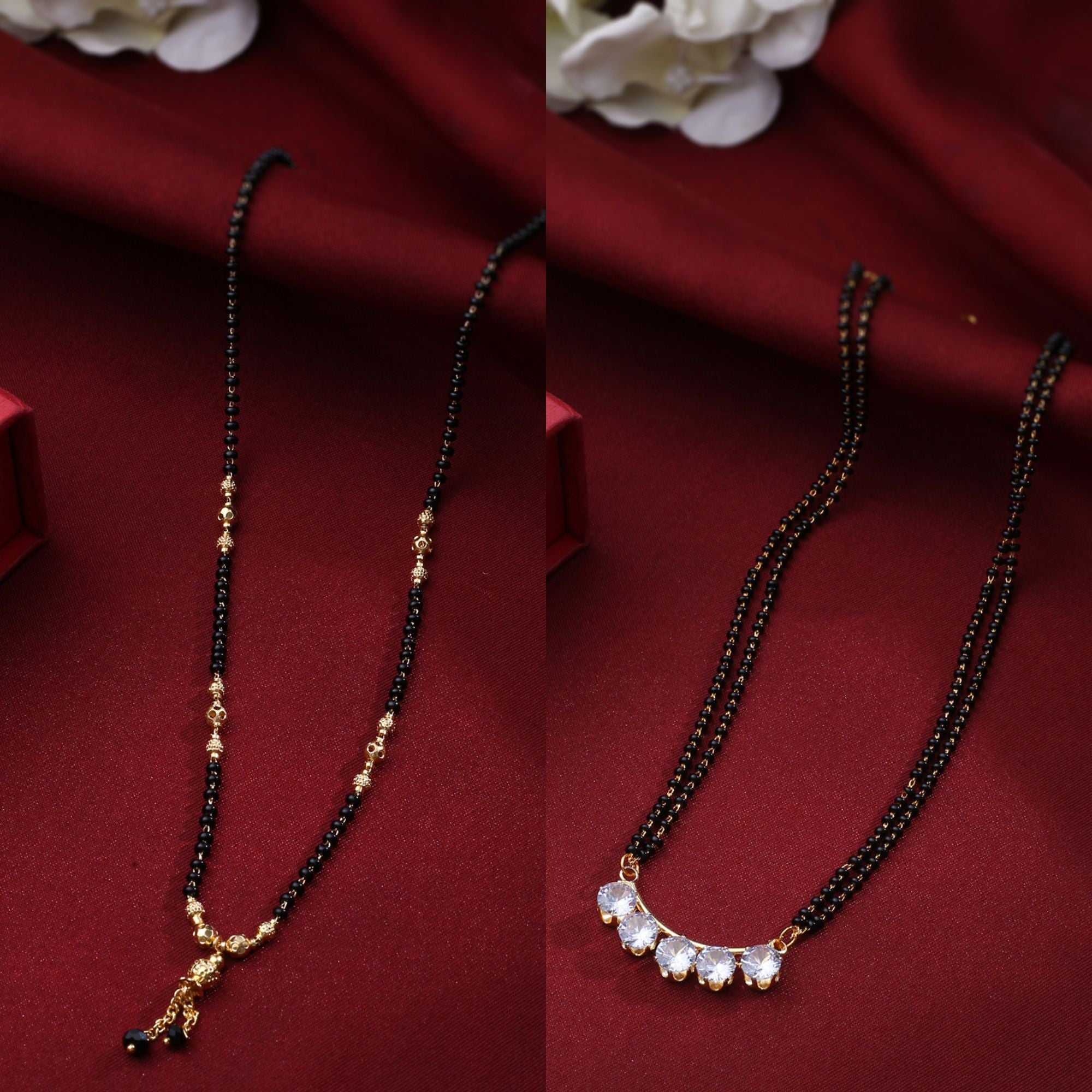 Women's Set Of 2 Black Gold-Plated Beaded Mangalsutra With Ad Stone