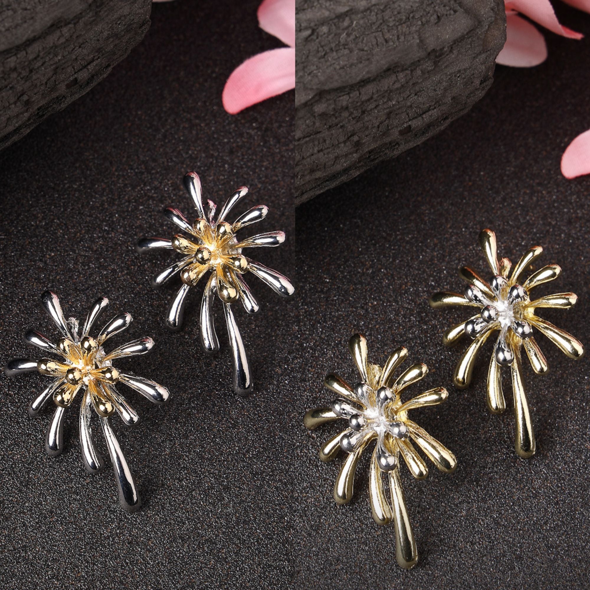 Women's Set Of 2 Silver & Gold Brass-Plated Floral Shape Drop Earrings - Nvr