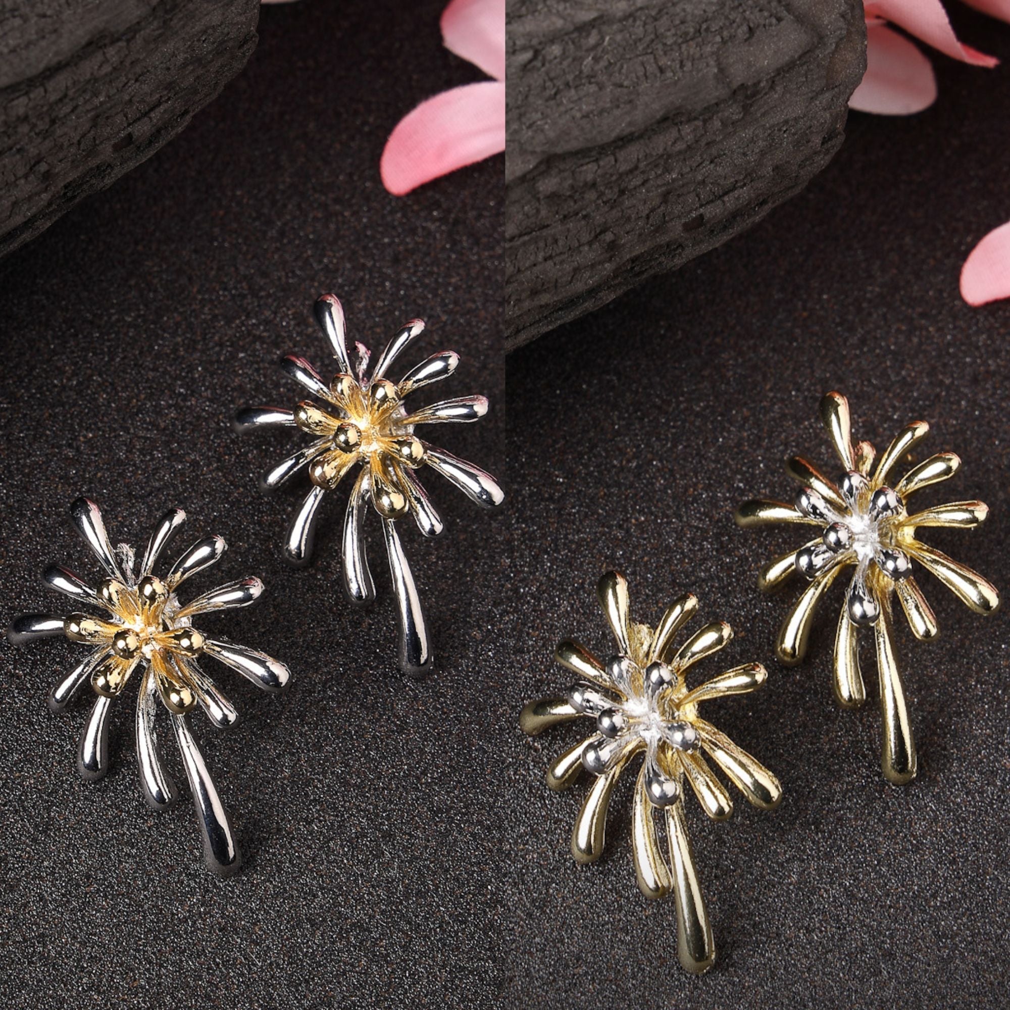 Women's Set Of 2 Silver & Gold Brass-Plated Floral Shape Drop Earrings