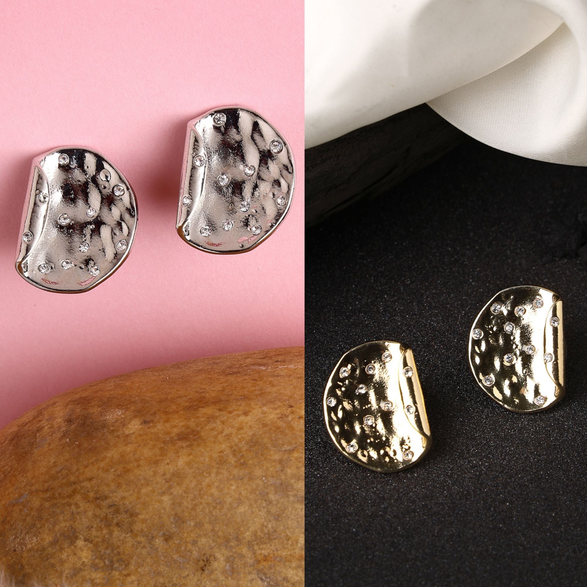 Women's Set Of 2 Gold & Silver Brass-Plated Artificial Stones Studded Studs Earring