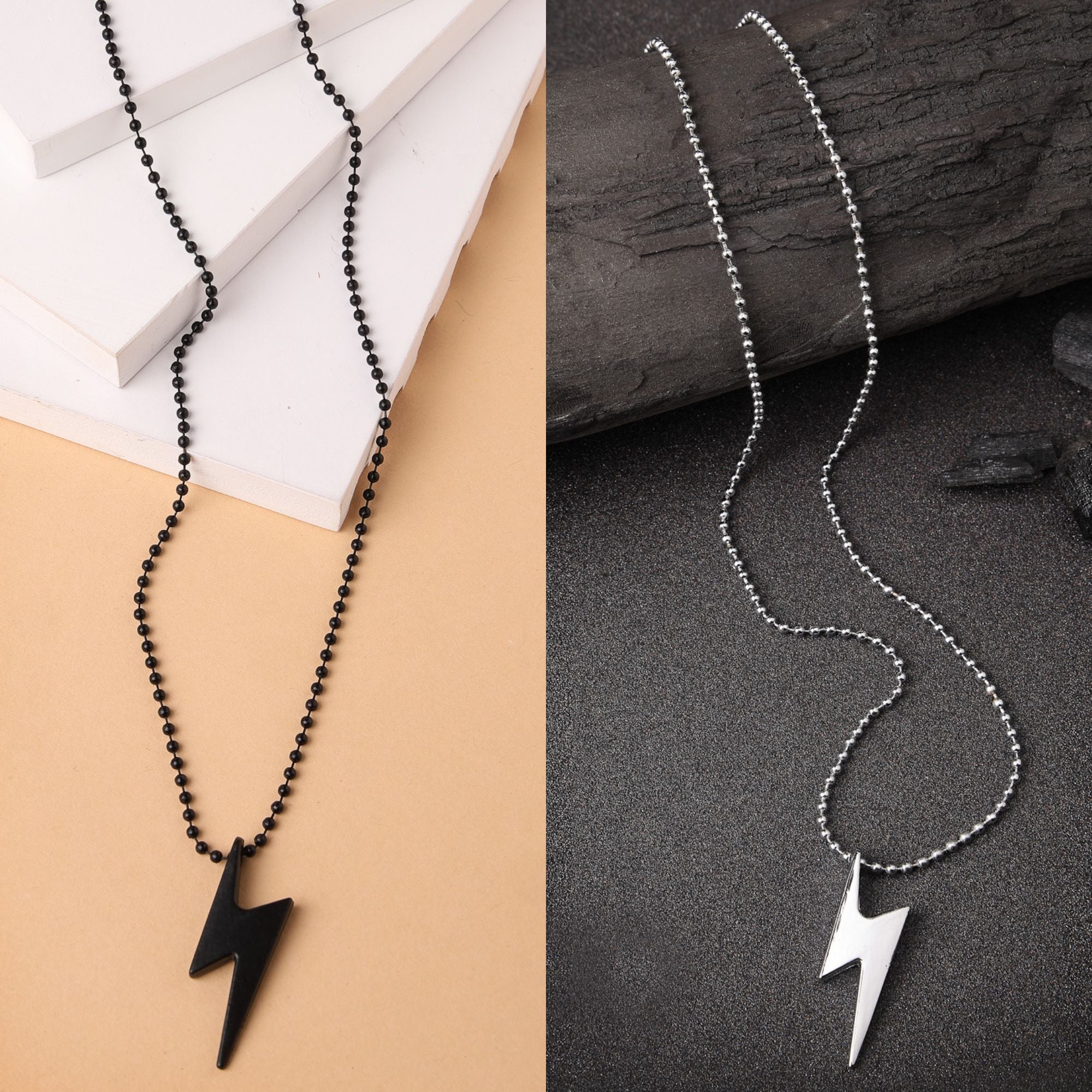 Men's Set Of 2 Black & Silver Flash Pendent With Chain - Nvr