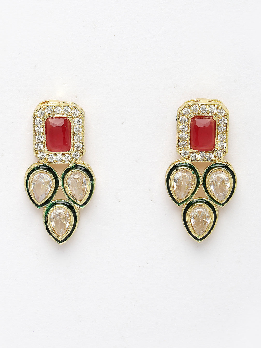 Women's Set Of 2 Red & Gold Kundan Studded Jewellery Set Choker & Long Necklace With Earrings - Nvr