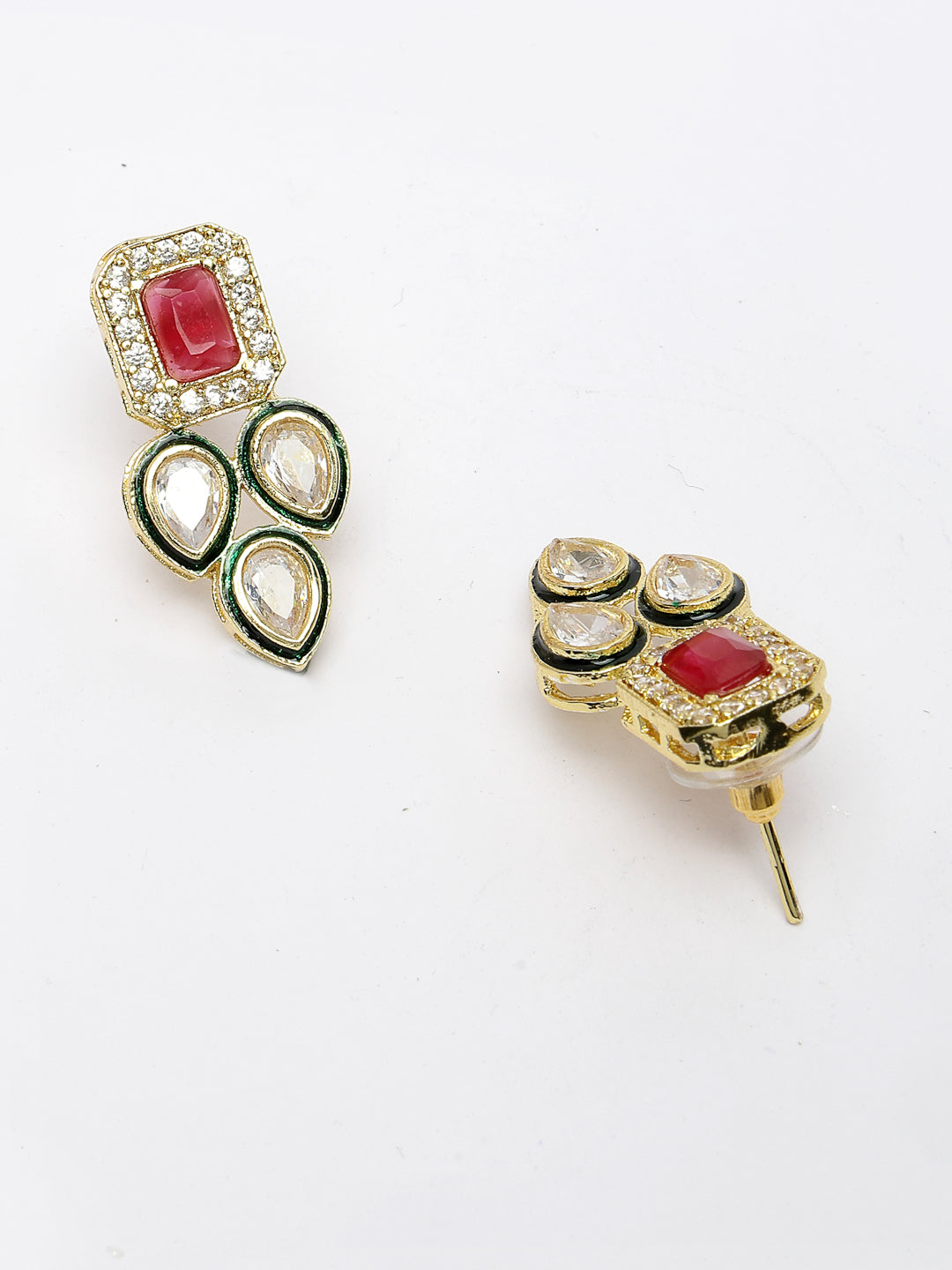 Women's Set Of 2 Red & Gold Kundan Studded Jewellery Set Choker & Long Necklace With Earrings - Nvr