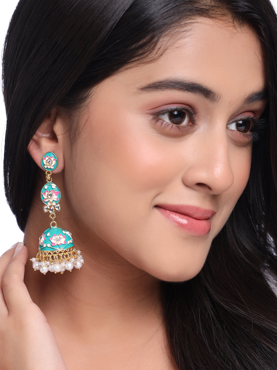 Women's Gold Plated Blue Kundan Jhumkas Earrings