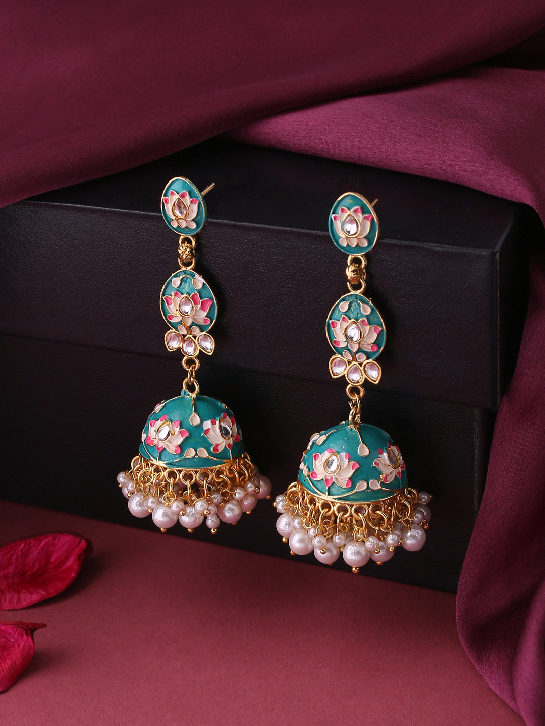 Women's Gold Plated Blue Kundan Jhumkas Earrings