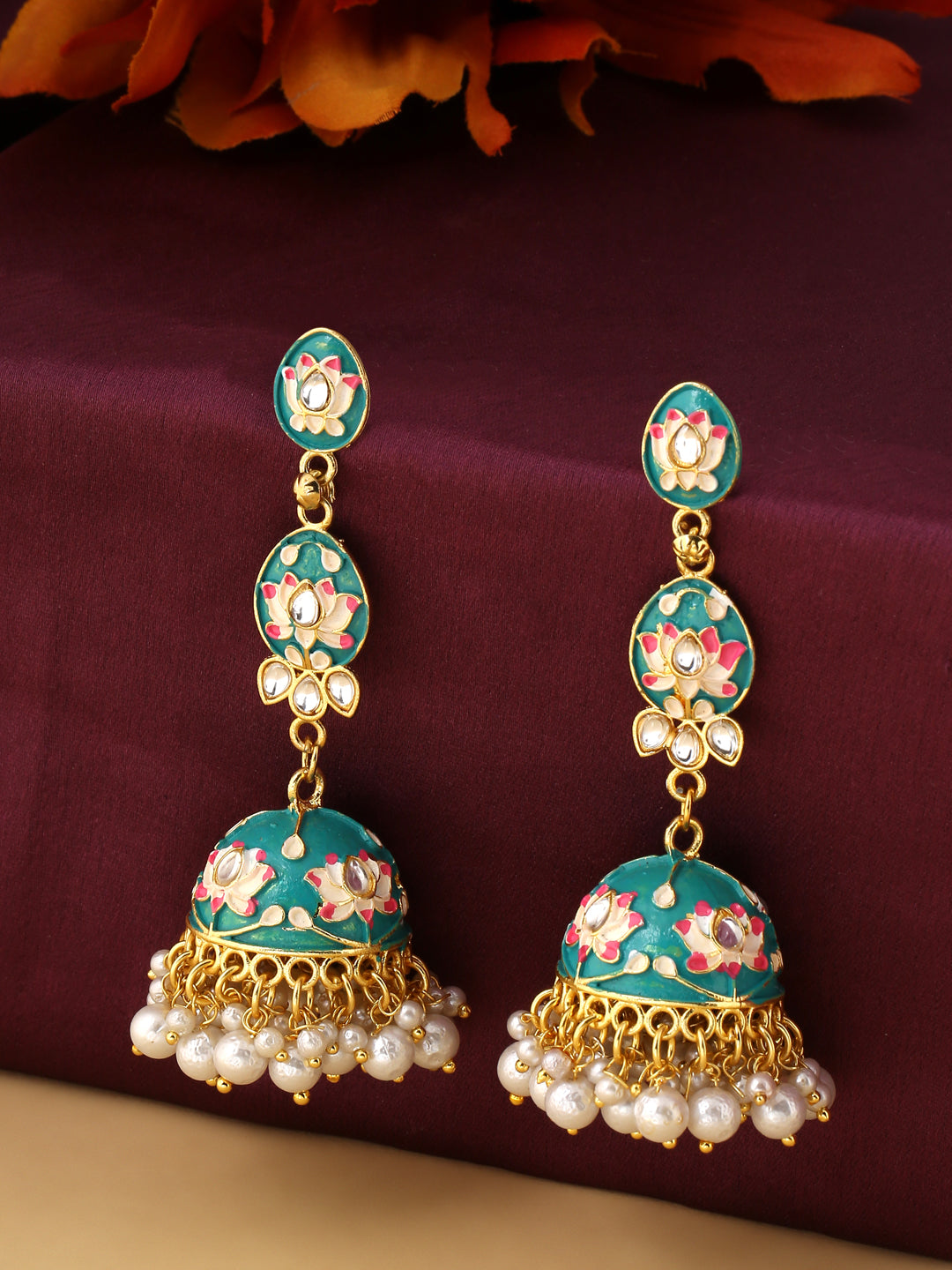 Women's Gold Plated Blue Kundan Jhumkas Earrings - NVR