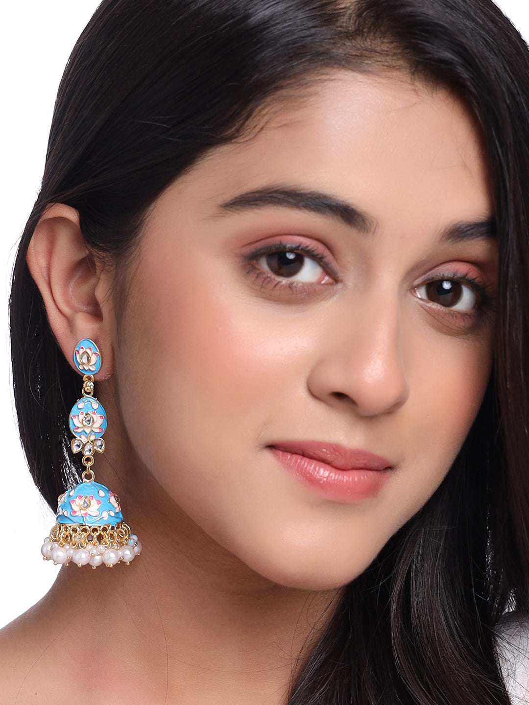 Women's Gold Plated Green Kundan & Pearls Studded Handpainted Meenakari Jhumkas Earrings