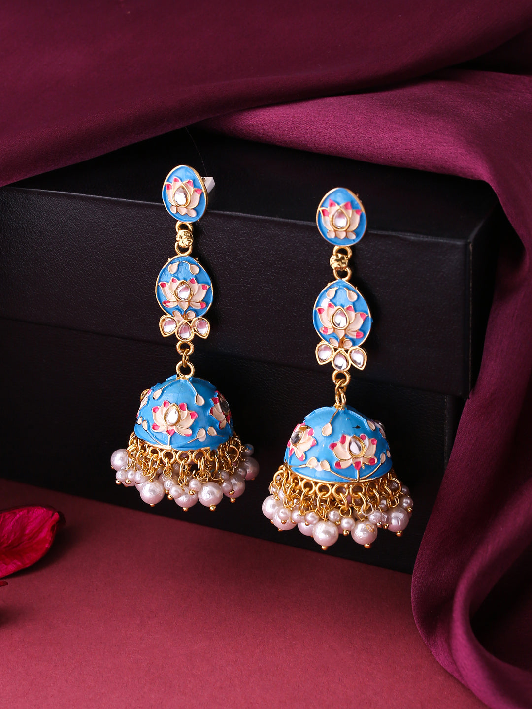 Women's Gold Plated Green Kundan & Pearls Studded Handpainted Meenakari Jhumkas Earrings