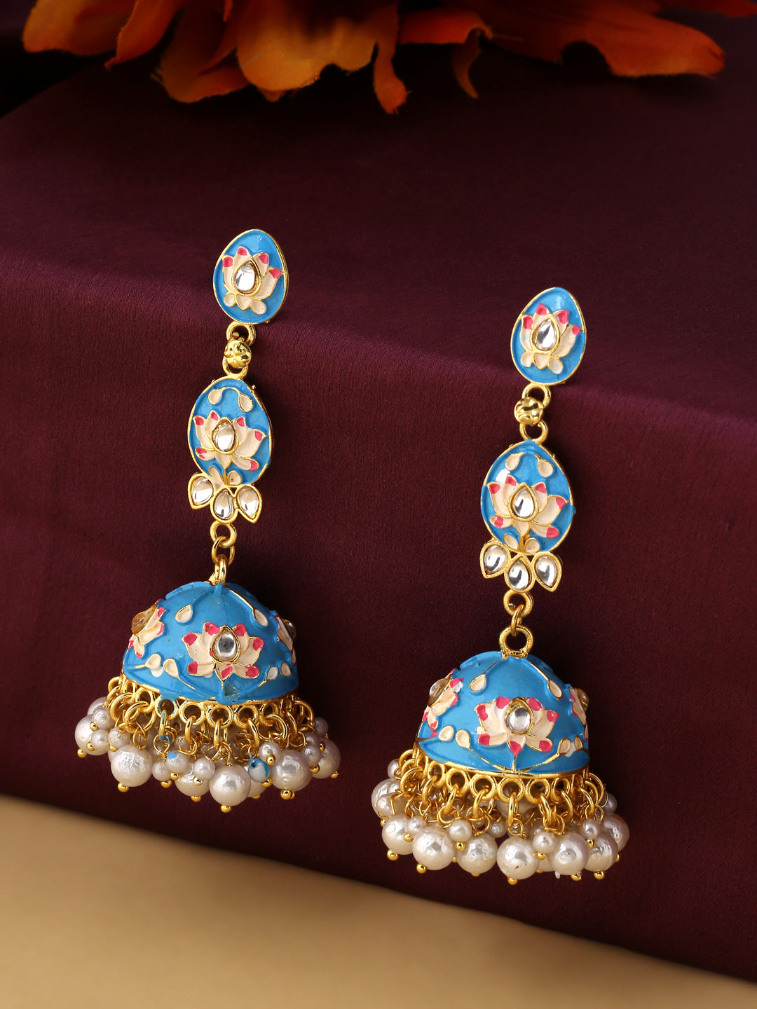 Women's Gold Plated Green Kundan & Pearls Studded Handpainted Meenakari Jhumkas Earrings