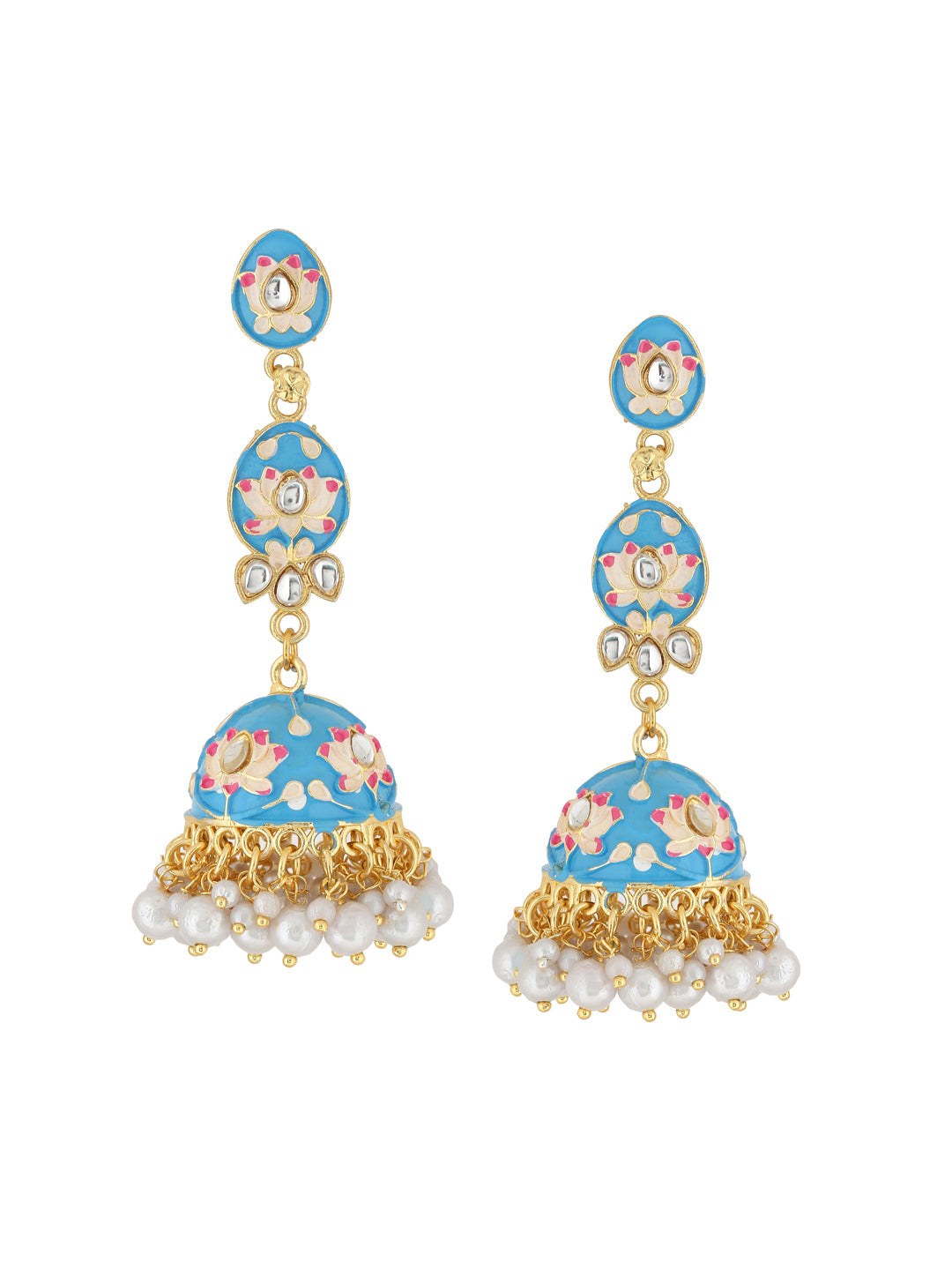 Women's Gold Plated Green Kundan & Pearls Studded Handpainted Meenakari Jhumkas Earrings