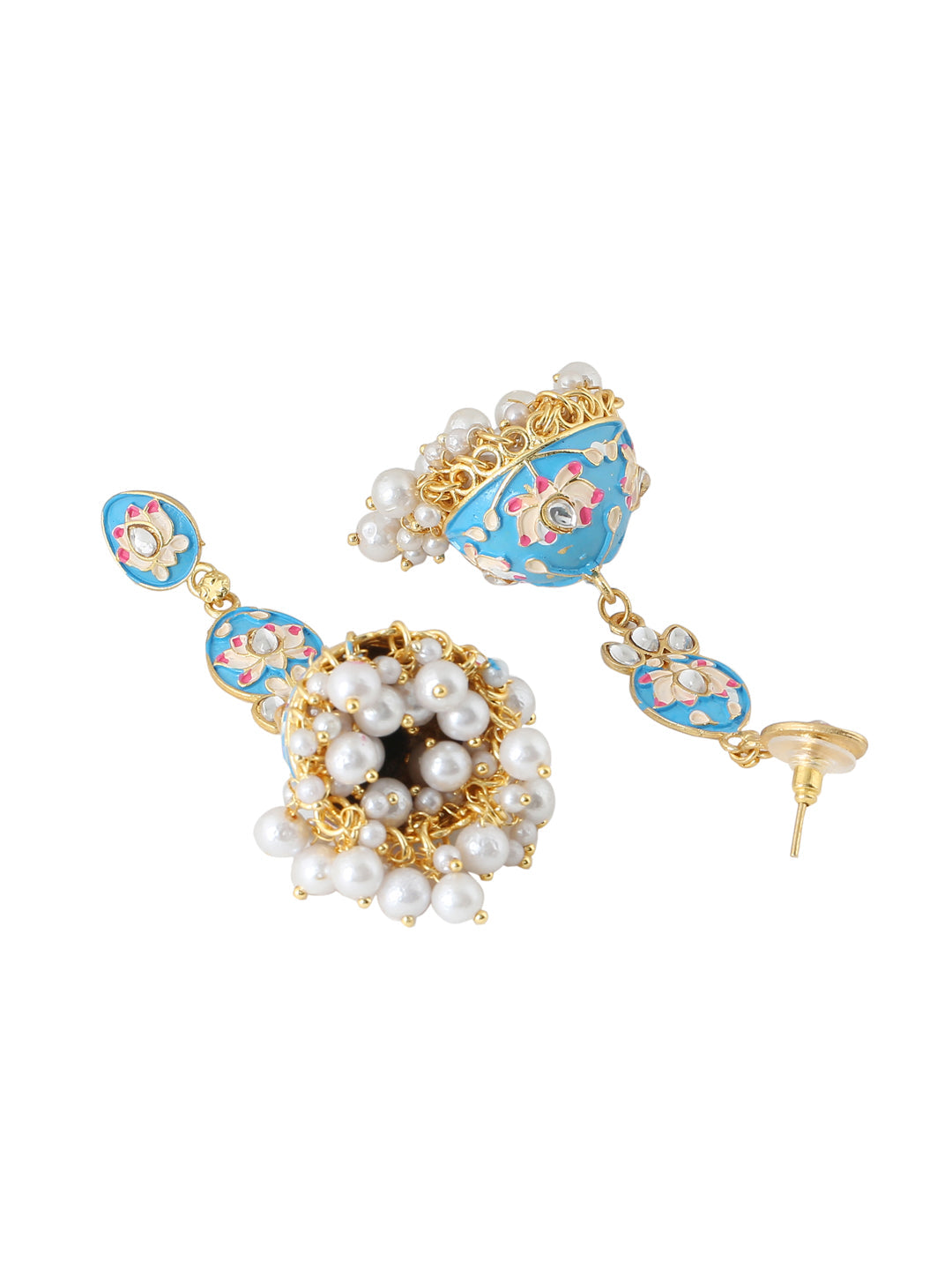 Women's Gold Plated Green Kundan & Pearls Studded Handpainted Meenakari Jhumkas Earrings
