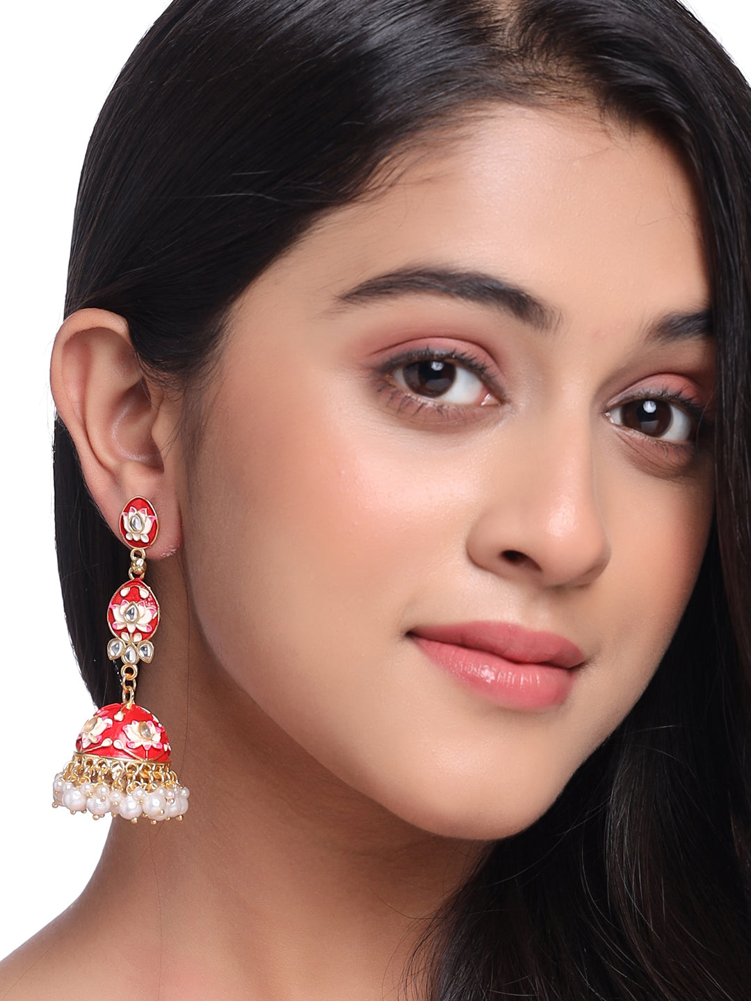 Women's Gold Plated red Kundan Jhumkas Earrings - NVR