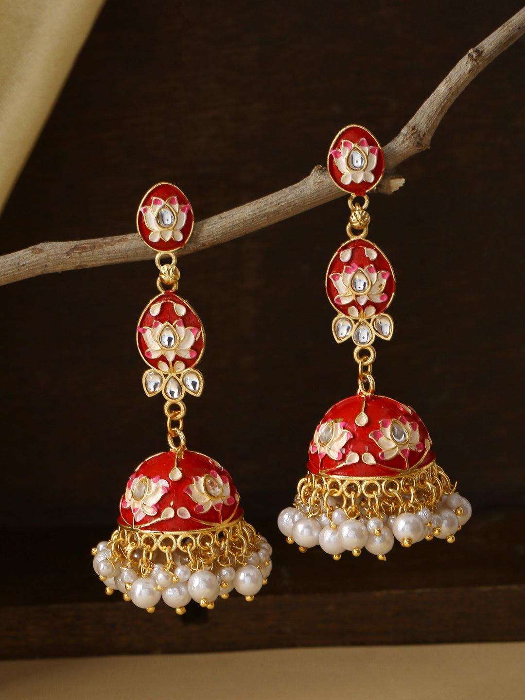 Women's Gold Plated red Kundan Jhumkas Earrings