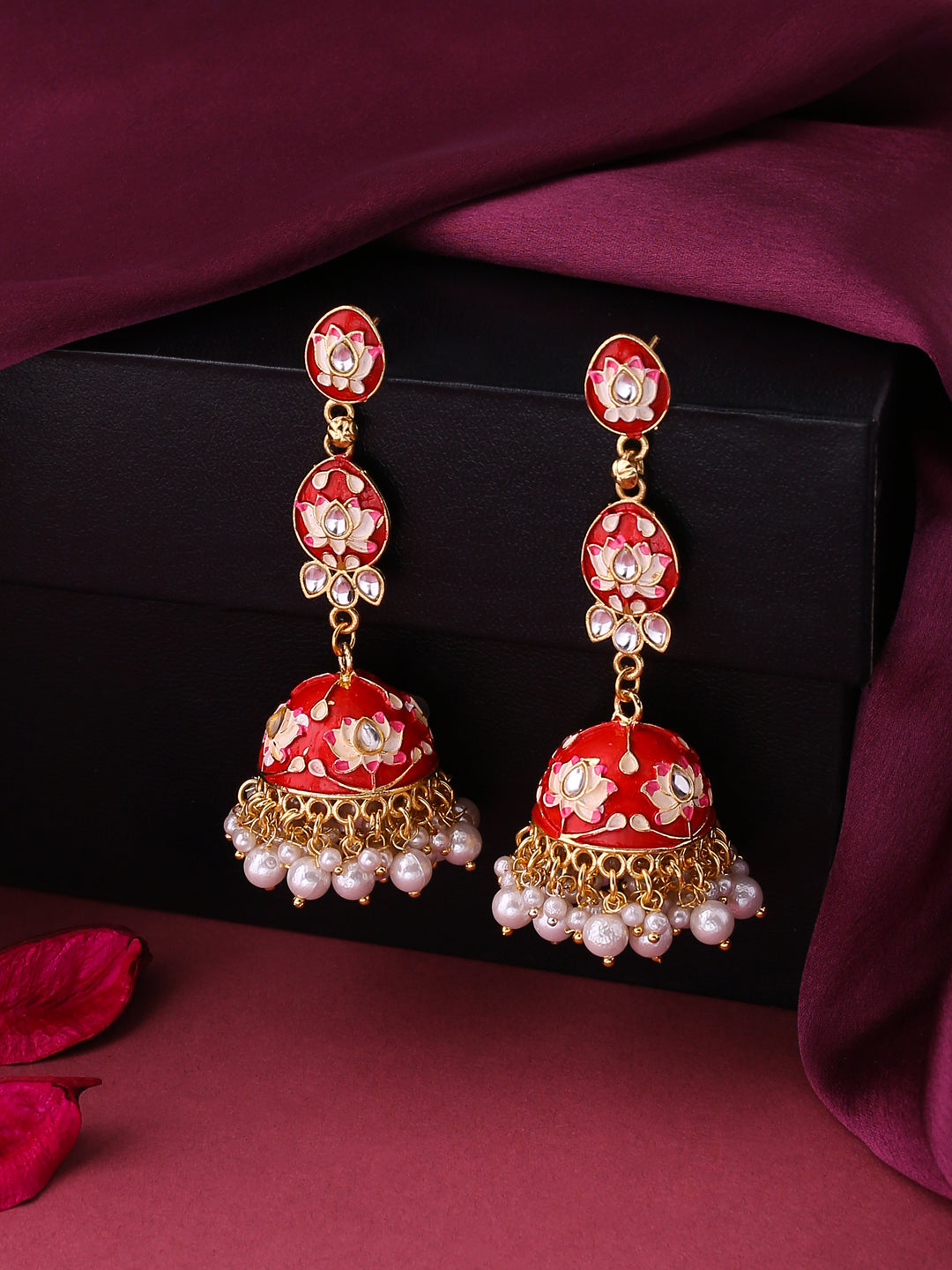 Women's Gold Plated red Kundan Jhumkas Earrings