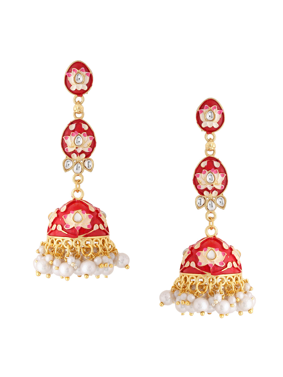 Women's Gold Plated red Kundan Jhumkas Earrings - NVR