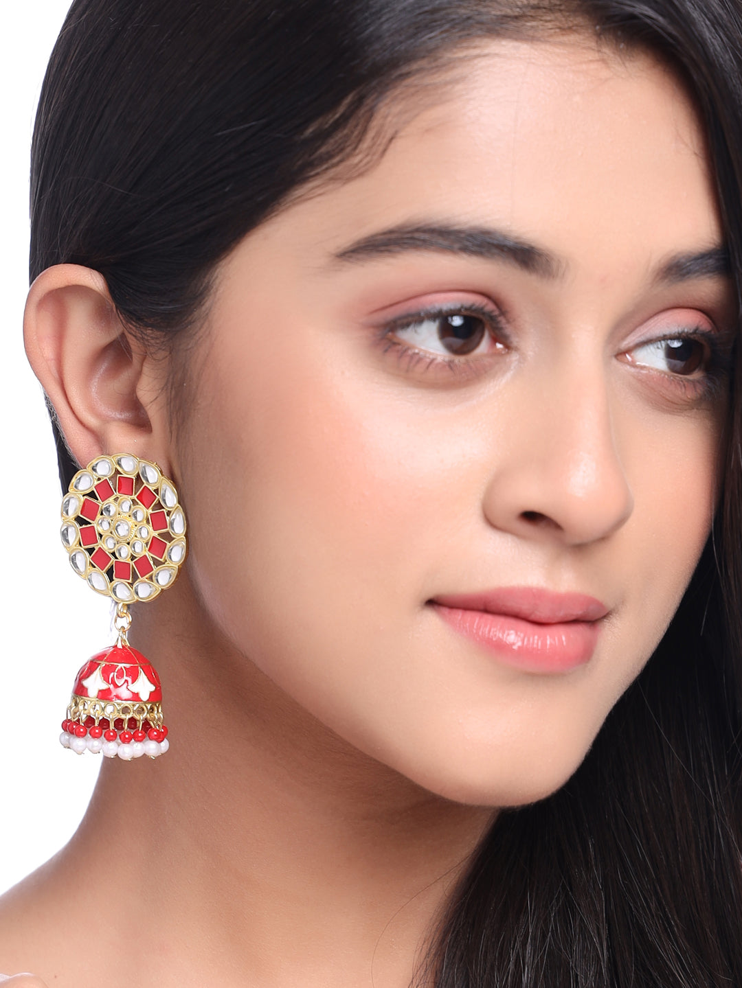Women's Gold Plated Red Dome Shaped Meenkari Jhumkas Earrings - NVR