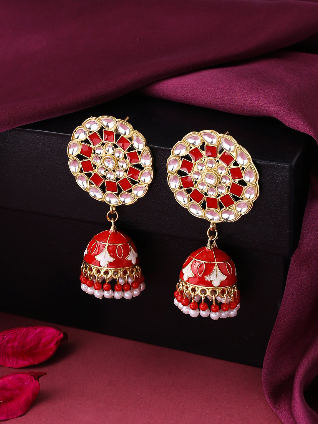 Women's Gold Plated Red Dome Shaped Meenkari Jhumkas Earrings