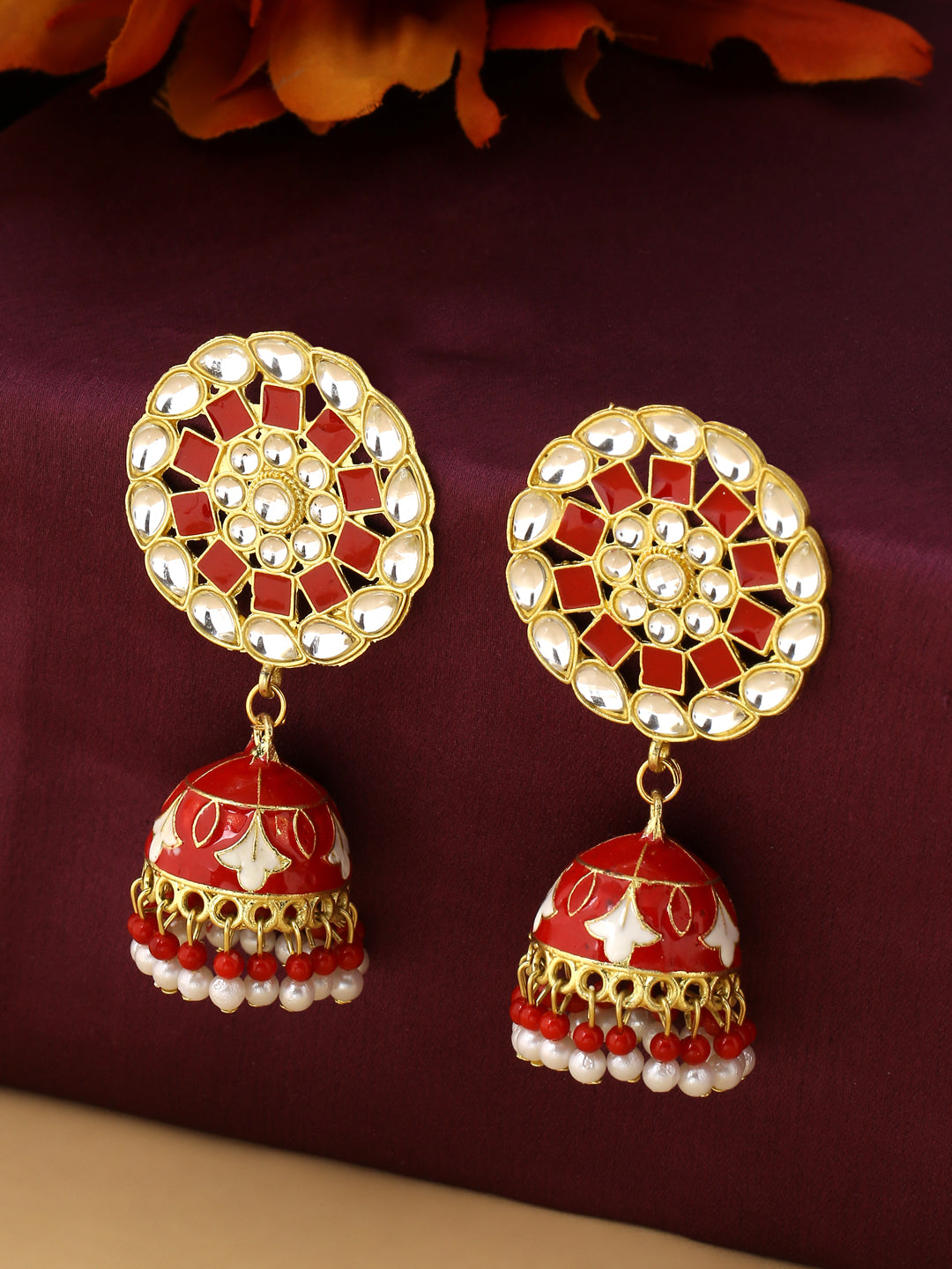 Women's Gold Plated Red Dome Shaped Meenkari Jhumkas Earrings