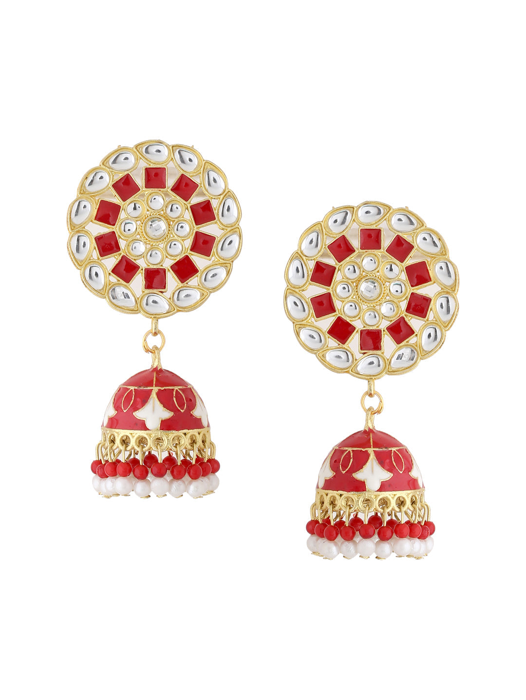 Women's Gold Plated Red Dome Shaped Meenkari Jhumkas Earrings