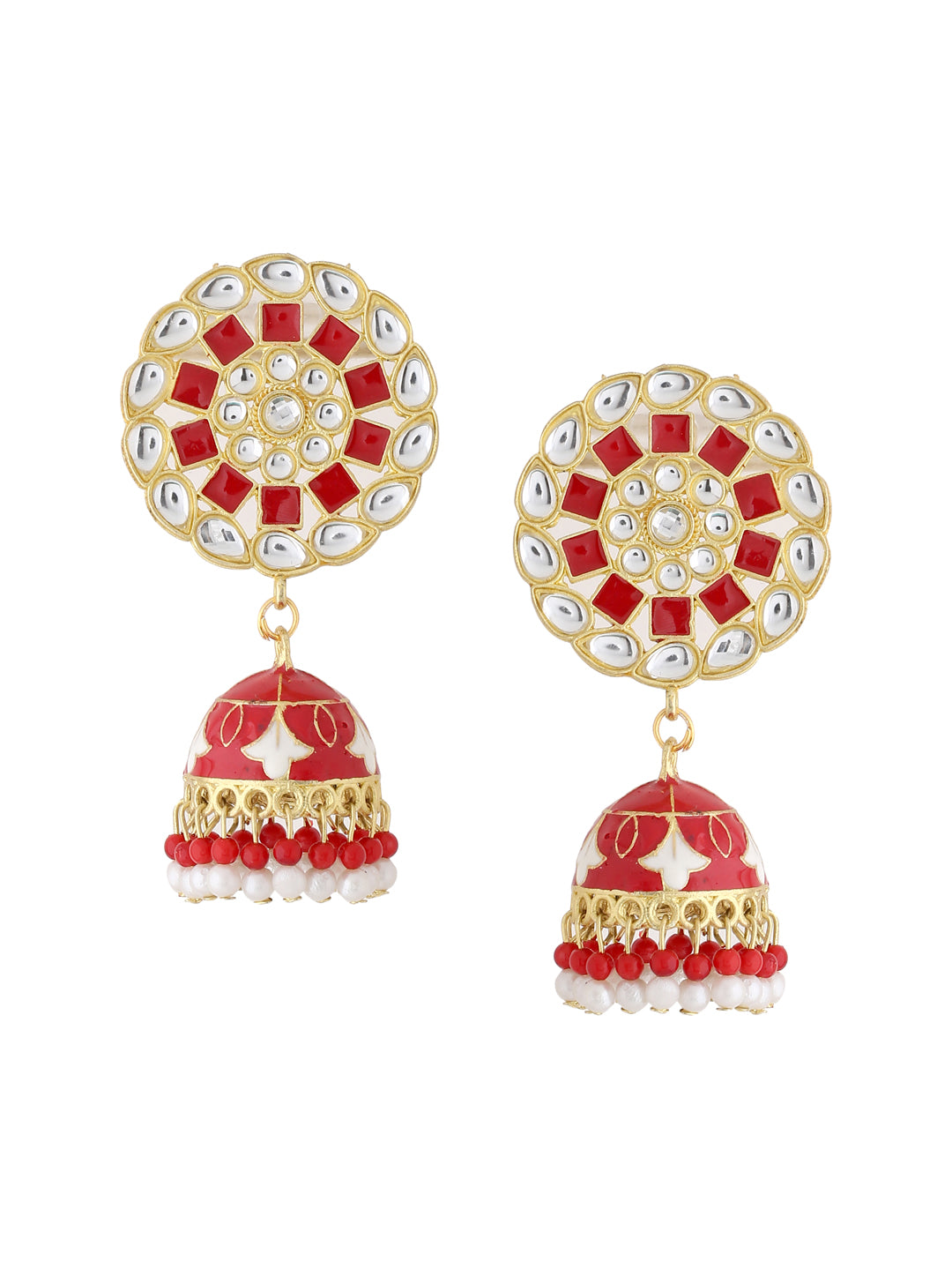 Women's Gold Plated Red Dome Shaped Meenkari Jhumkas Earrings - NVR