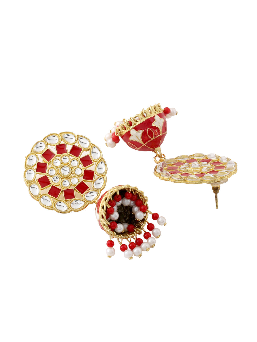 Women's Gold Plated Red Dome Shaped Meenkari Jhumkas Earrings
