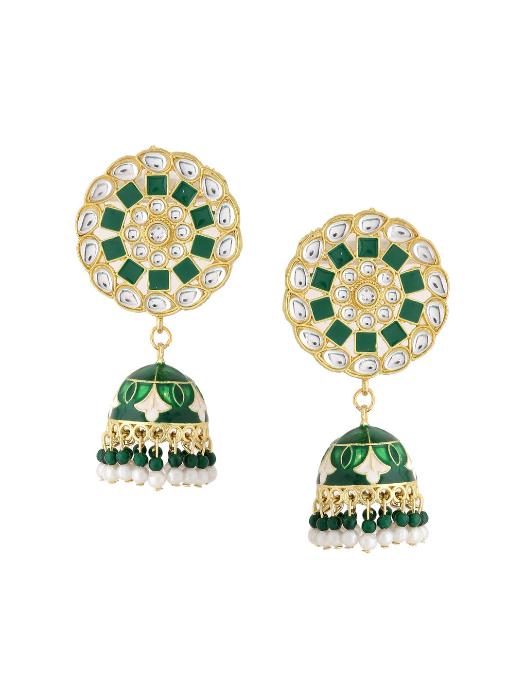 Women's Gold Plated Green Dome Shaped Meenkari Jhumkas Earrings