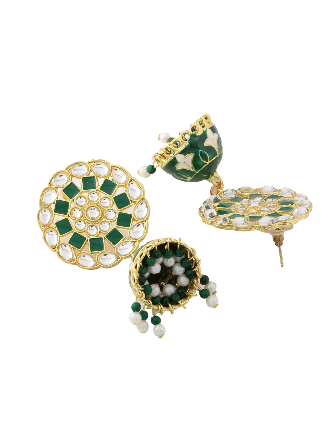Women's Gold Plated Green Dome Shaped Meenkari Jhumkas Earrings - NVR