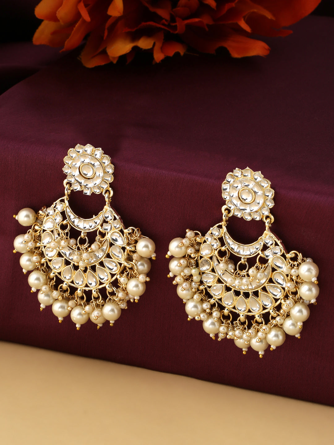 Women's Gold Plated Studded Kundan Chandbali Earrings