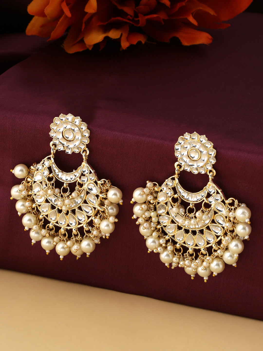 Women's Gold Plated Studded Kundan Chandbali Earrings - NVR