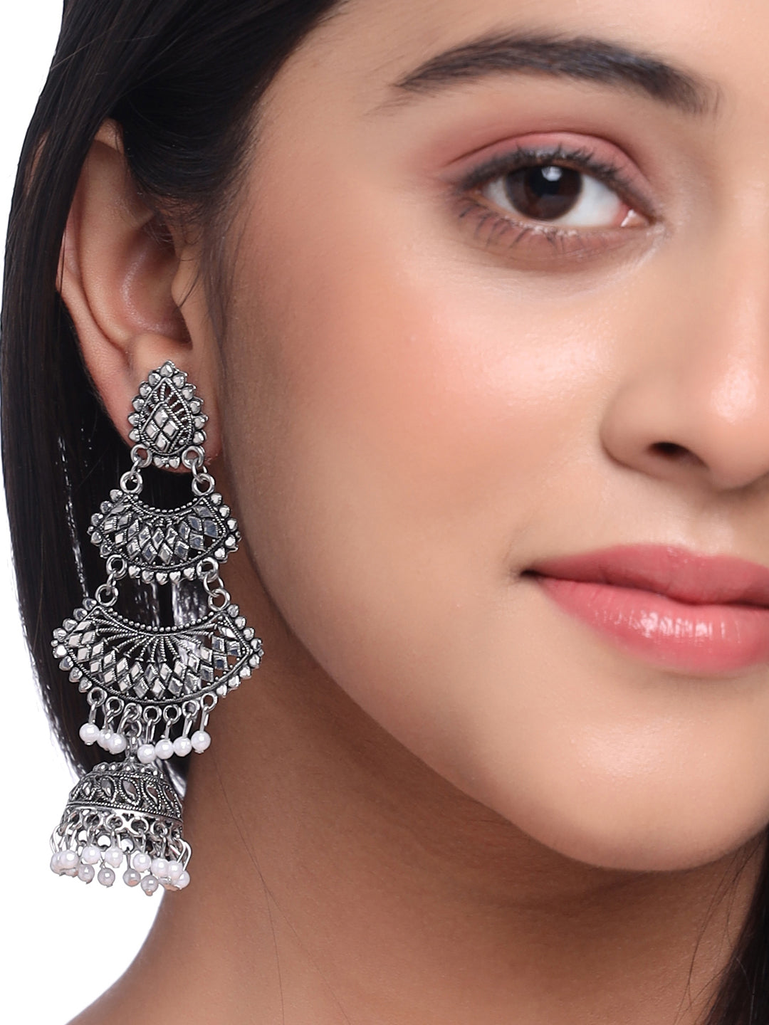 Women's Silver toned contemporary jhumka earrings - NVR