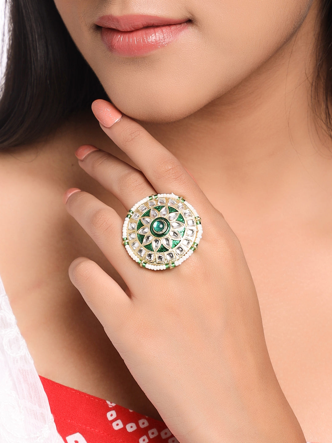 Women's Traditional Kundan Meenakari Gold Plated Ajustable Finger Ring - NVR
