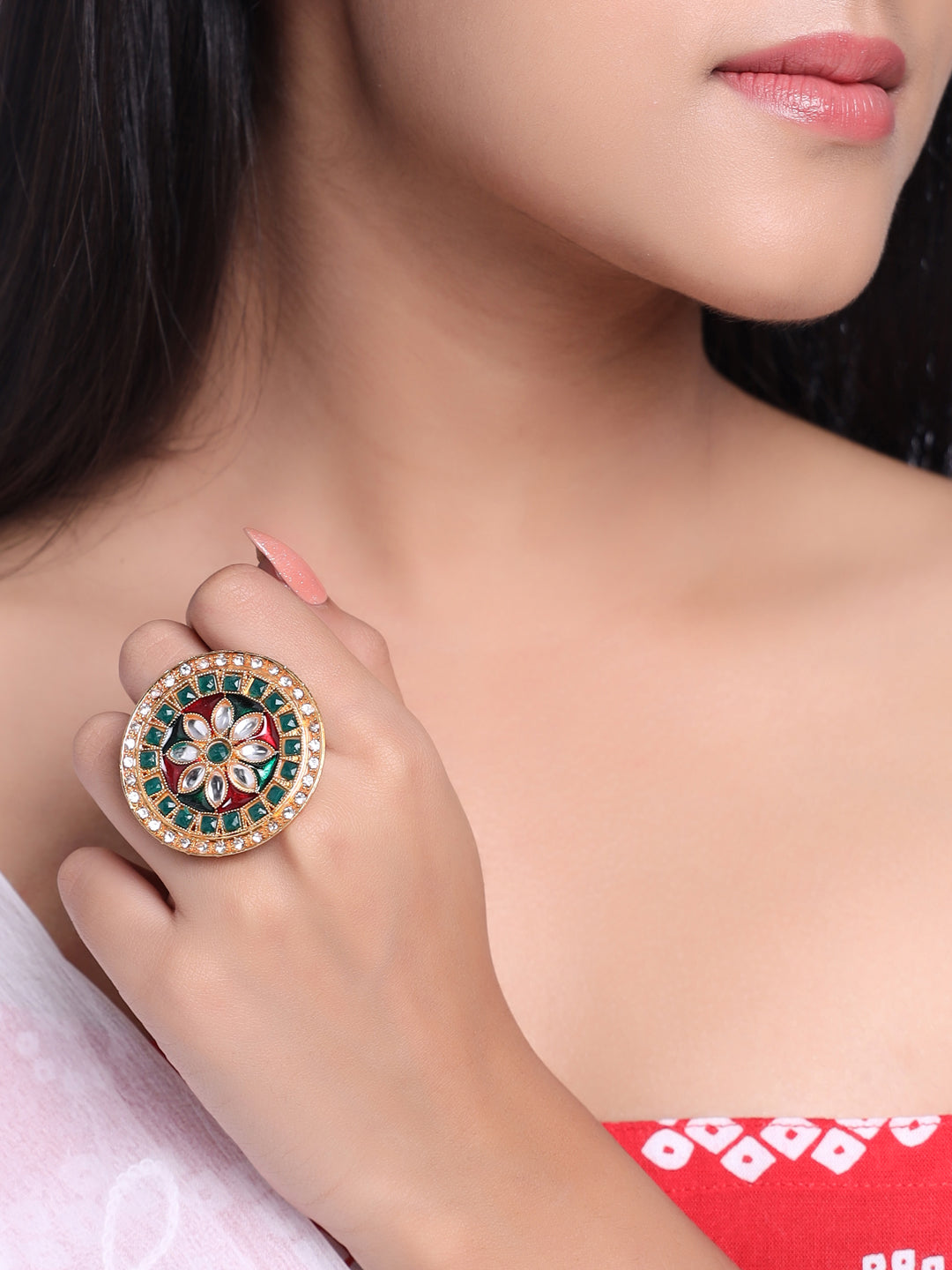 Women's Traditional Kundan Meenakari Gold Plated Ajustable Finger Ring - NVR