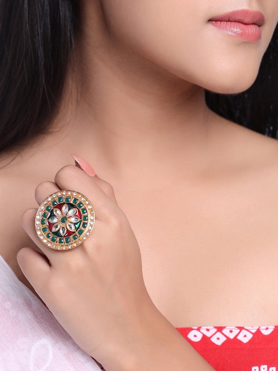 Women's Traditional Kundan Meenakari Gold Plated Ajustable Finger Ring