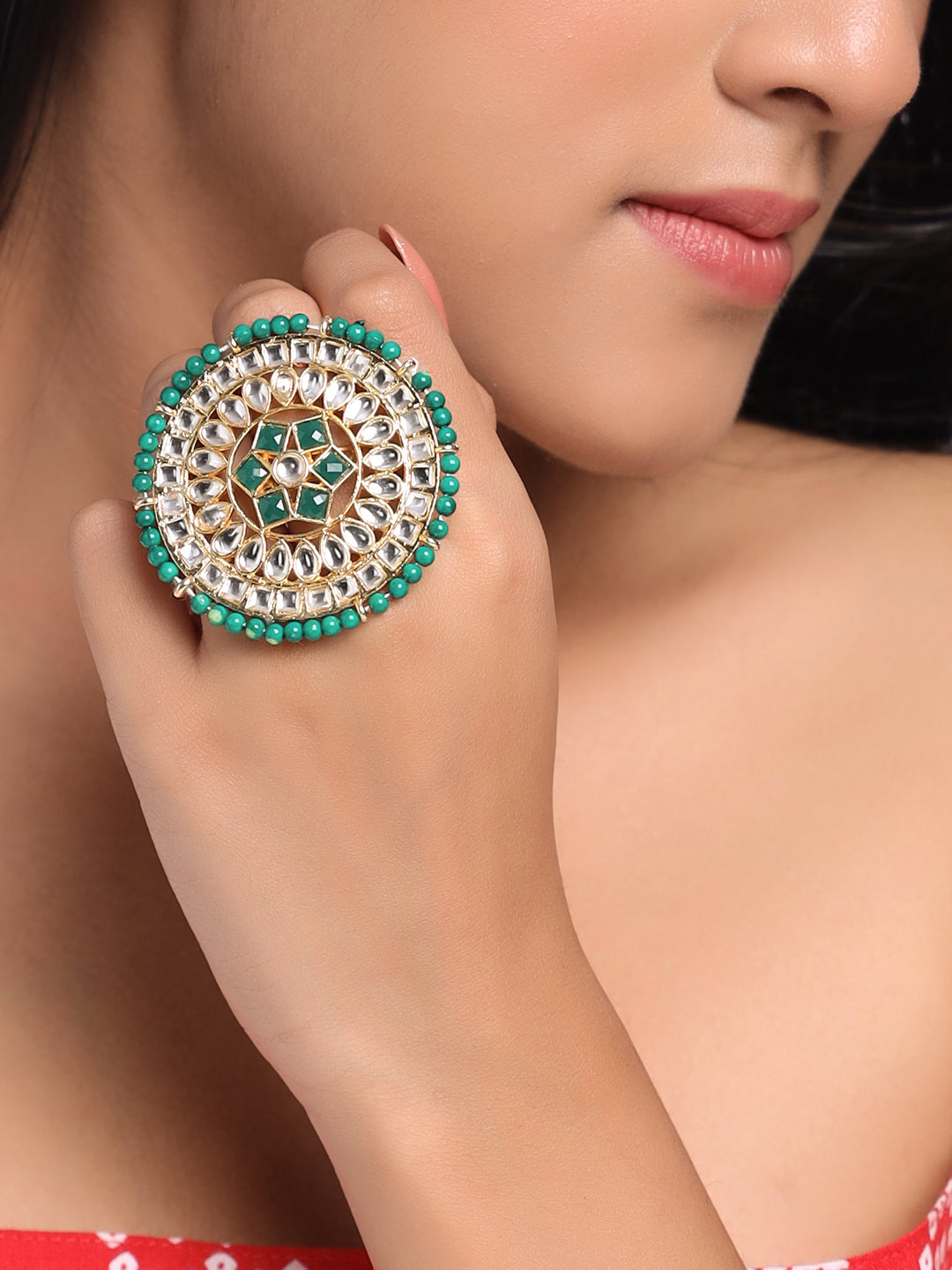 Women's Traditional Ethnic Kundan Meenakari Gold Plated Ajustable Finger Ring