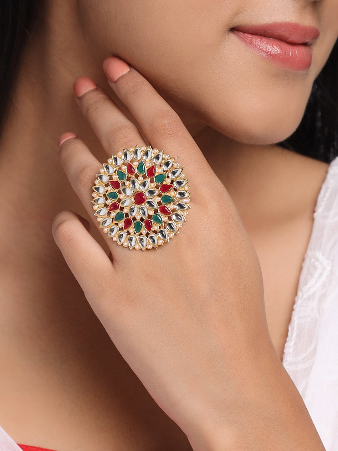 Women's Traditional Ethnic Kundan Meenakari Gold Plated Ajustable Finger Ring