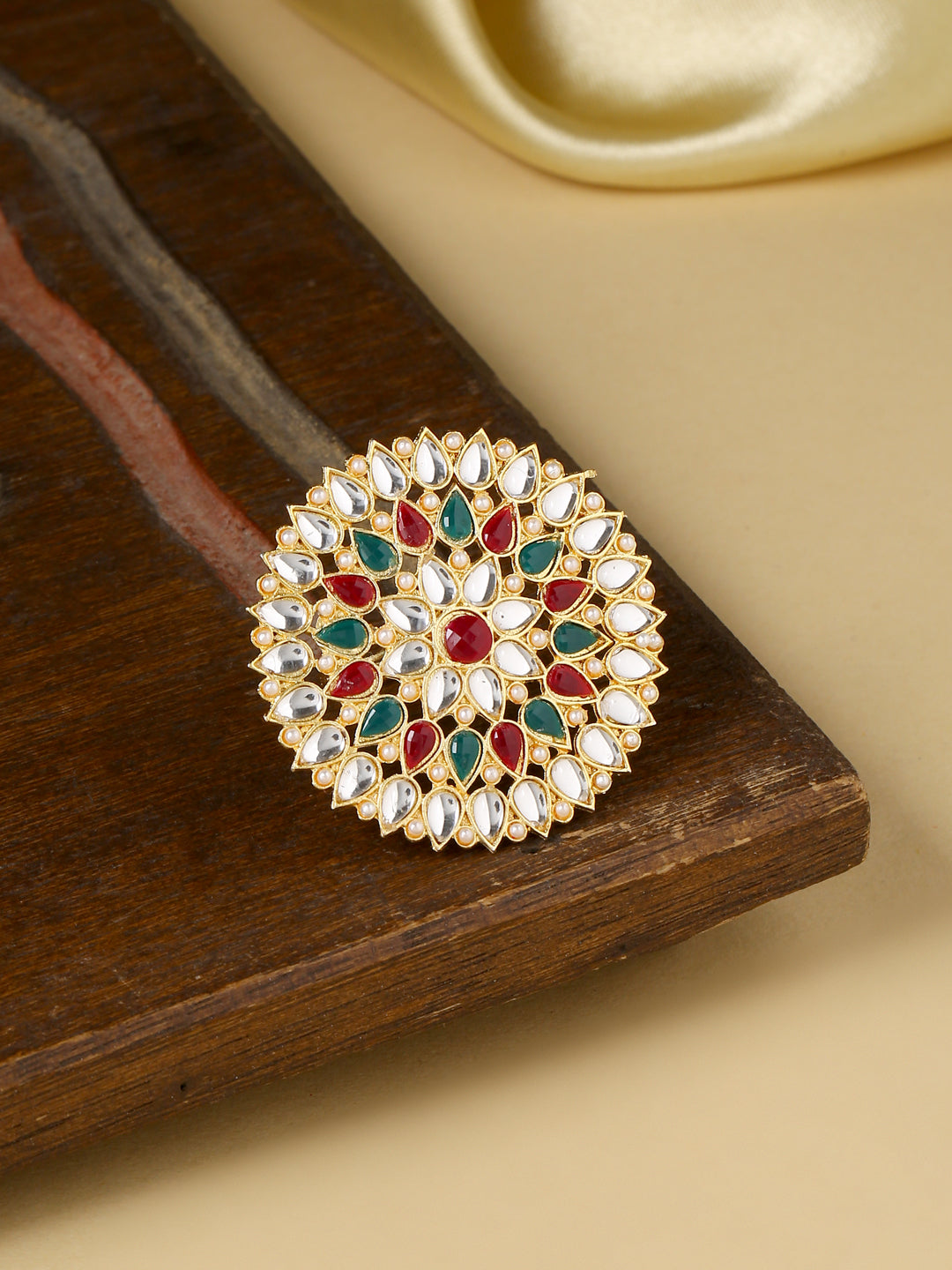Women's Traditional Ethnic Kundan Meenakari Gold Plated Ajustable Finger Ring