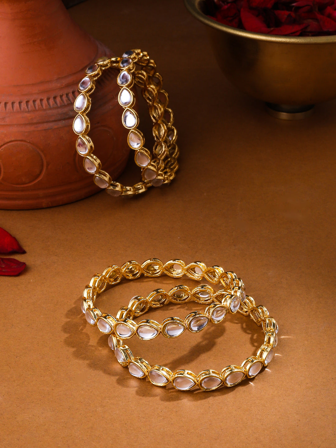 Women's Set Of 4 Gold-Plated Kundan Studded Traditional Bangles