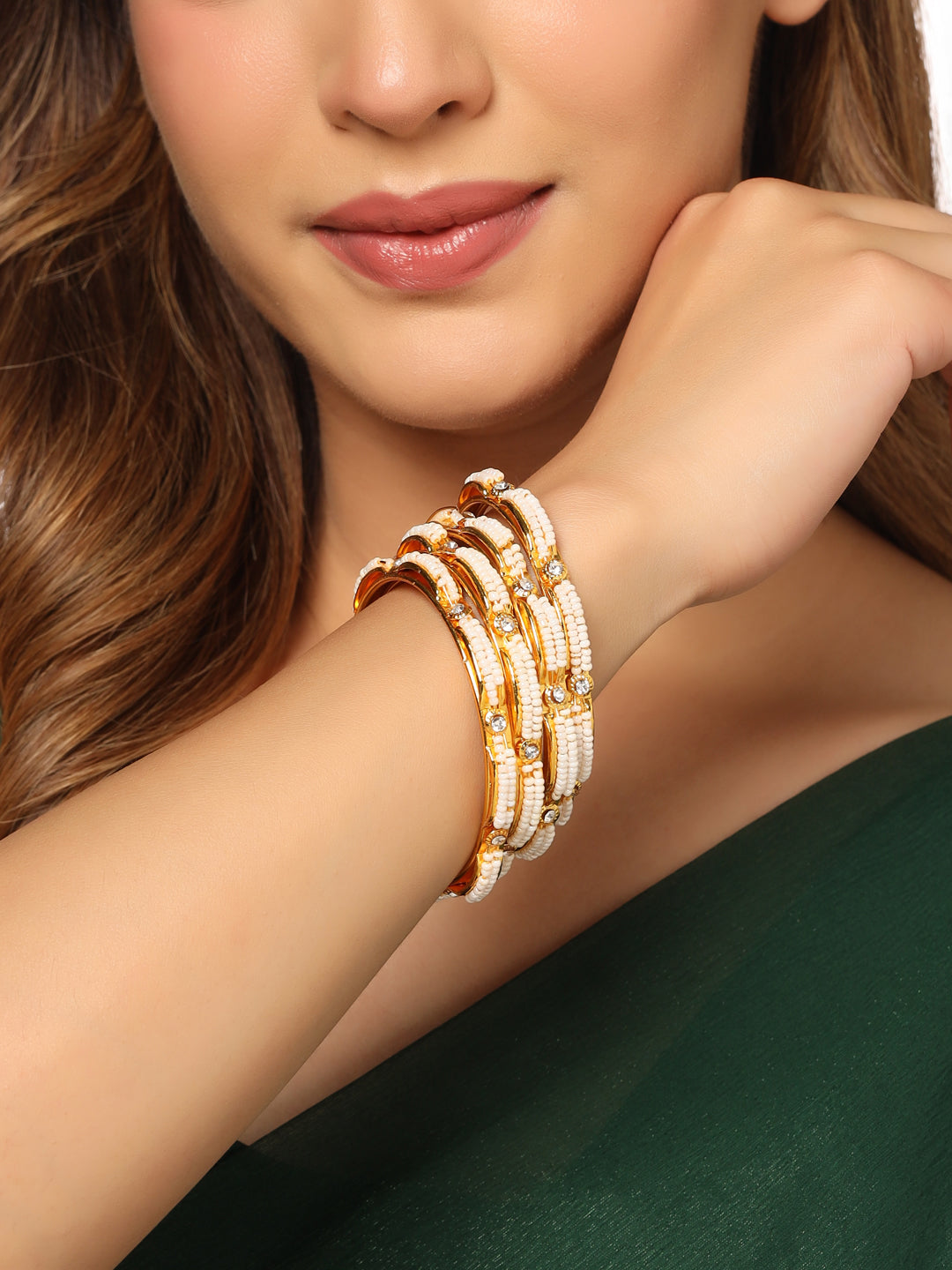 Women's Set Of 4 Gold-Plated Traditional Pearls Beaded Bangles - NVR