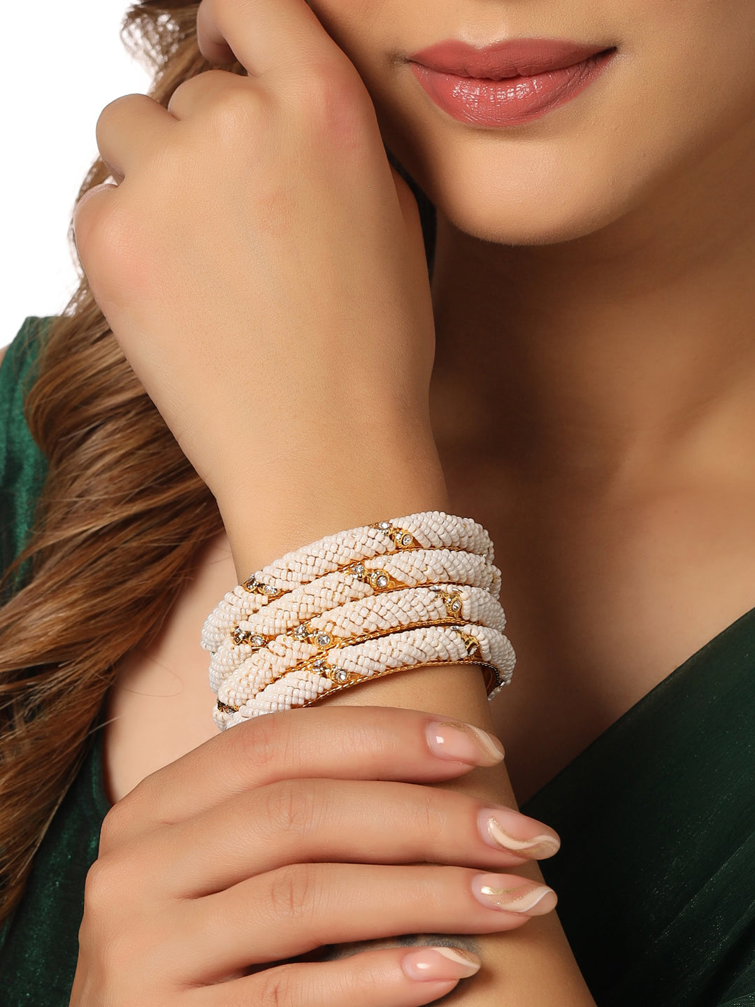 Women's Set Of 2 Gold-Plated Traditional Pearls Beaded Bangles