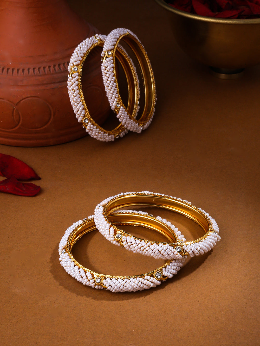 Women's Set Of 2 Gold-Plated Traditional Pearls Beaded Bangles - NVR