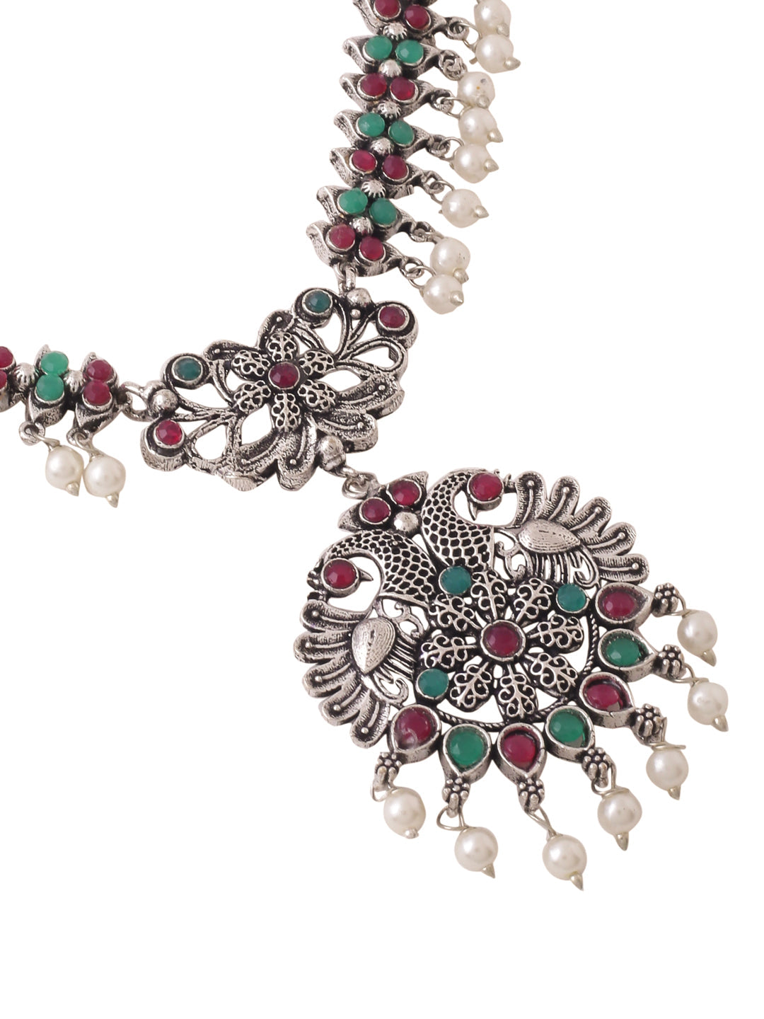 Women's Stone Studded Oxidised Silver Jewellery Set