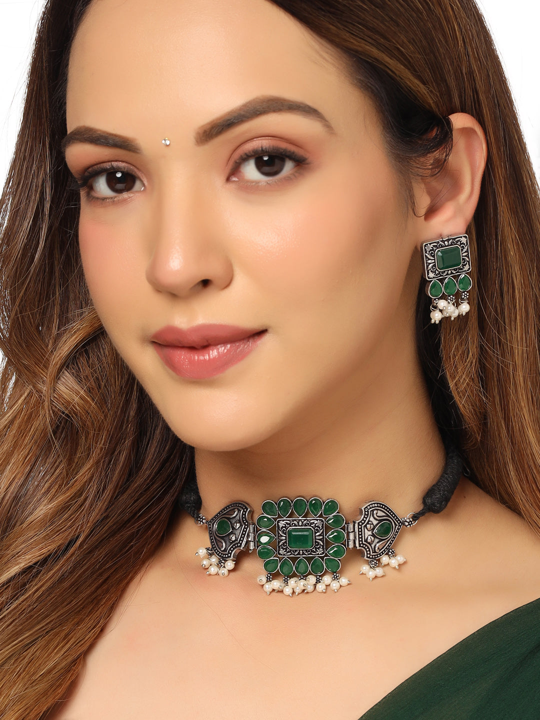 Women's Oxidised Silver Plated Green Color stone Jewellery Set with Earrings