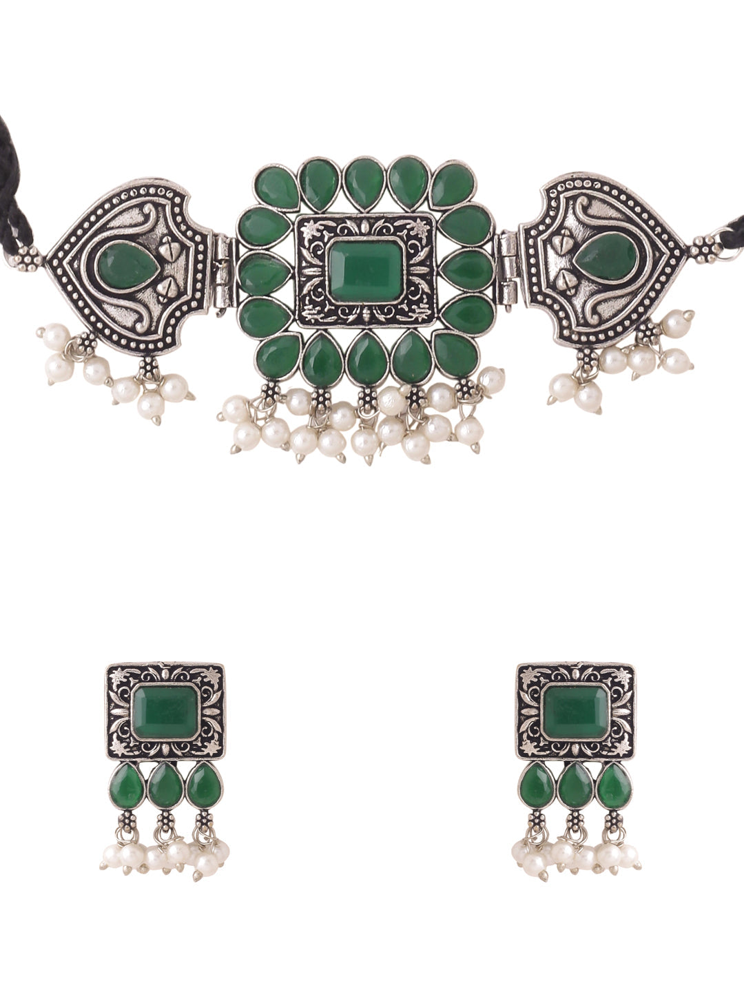 Women's Oxidised Silver Plated Green Color stone Jewellery Set with Earrings