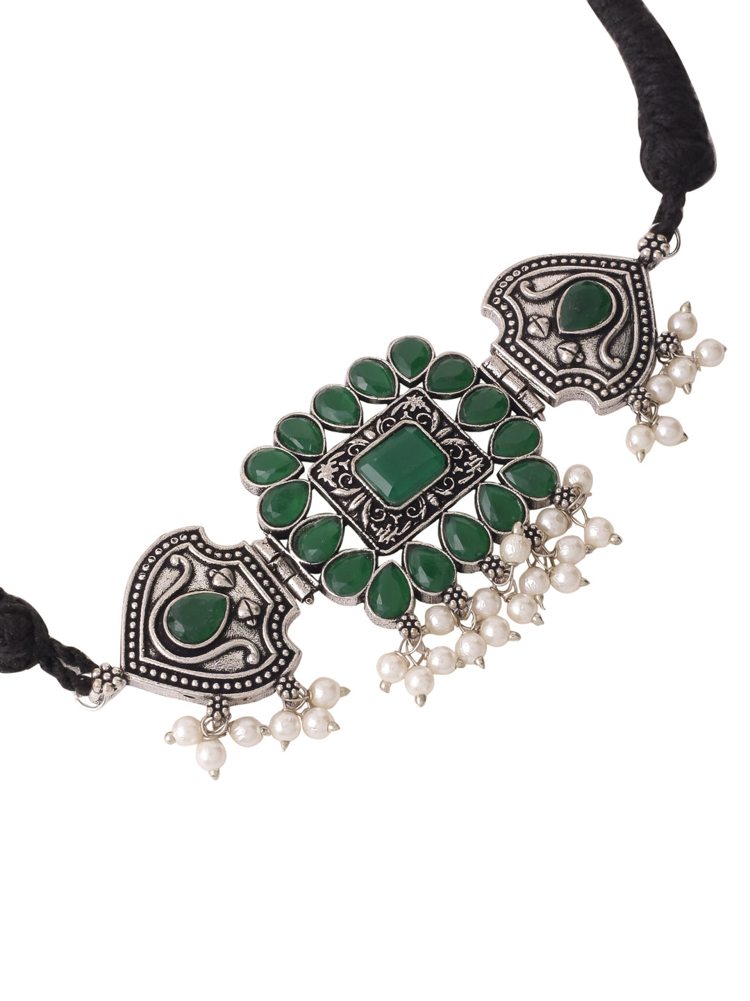 Women's Oxidised Silver Plated Green Color stone Jewellery Set with Earrings - NVR