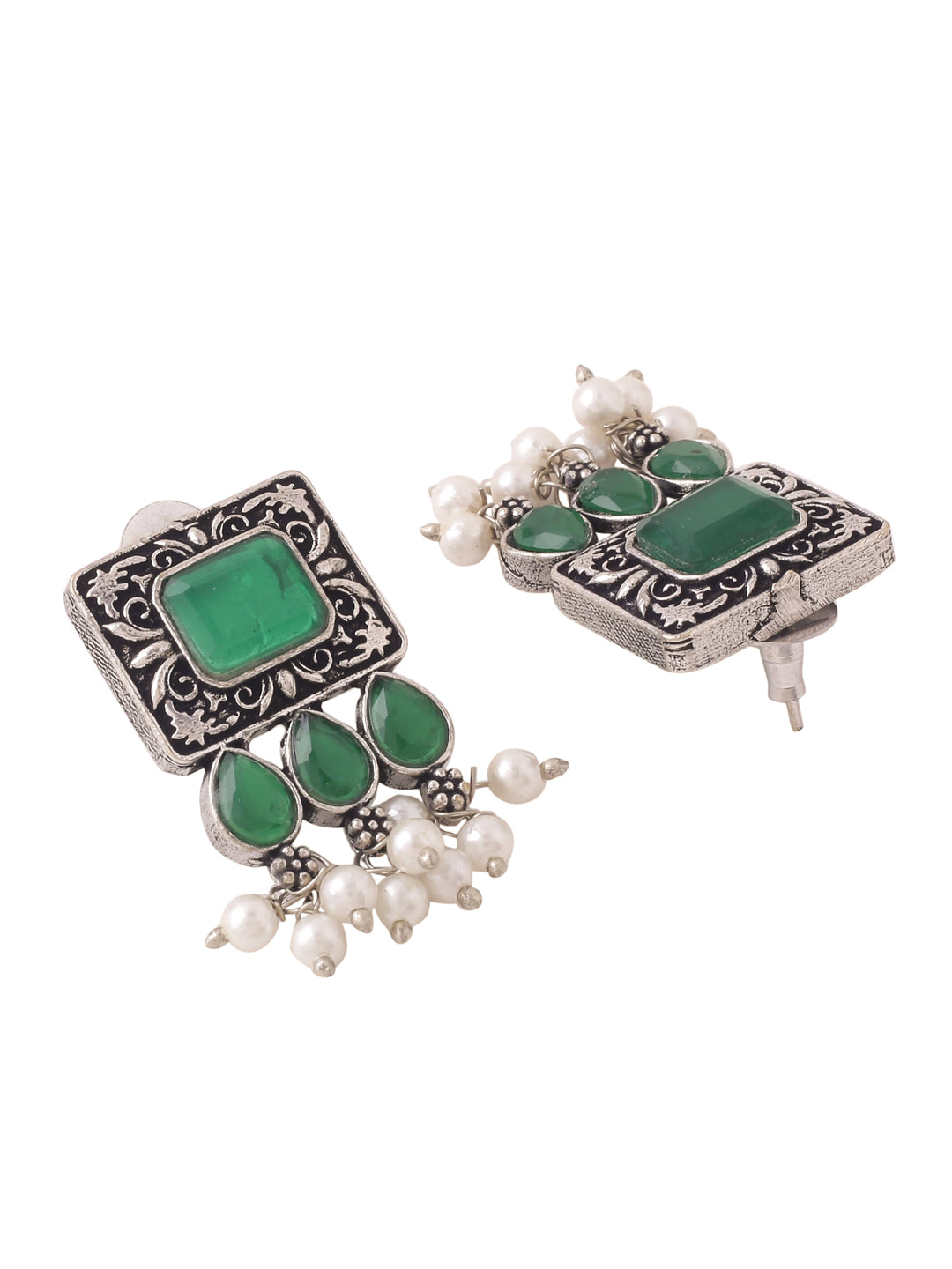 Women's Oxidised Silver Plated Green Color stone Jewellery Set with Earrings
