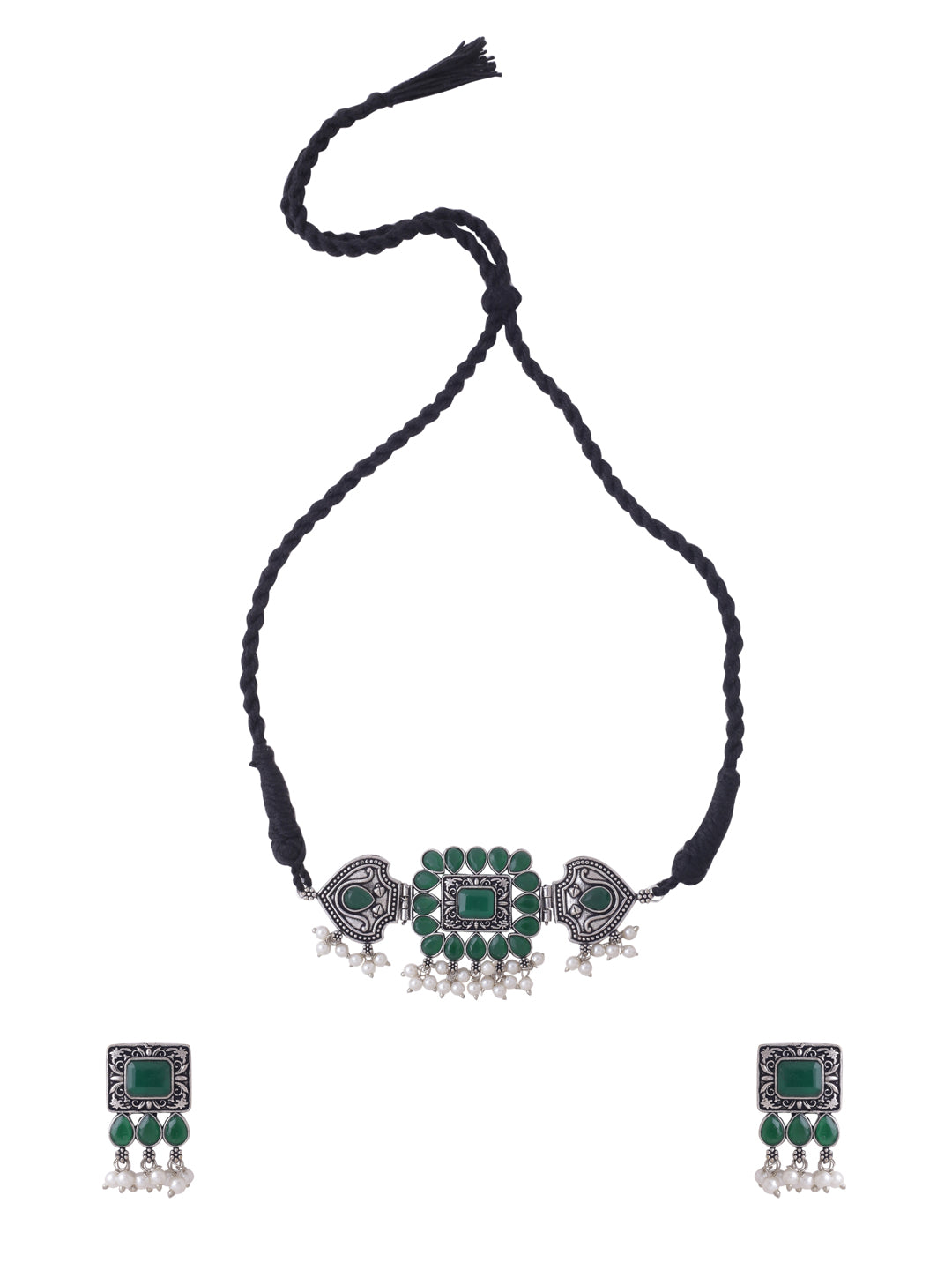 Women's Oxidised Silver Plated Green Color stone Jewellery Set with Earrings - NVR