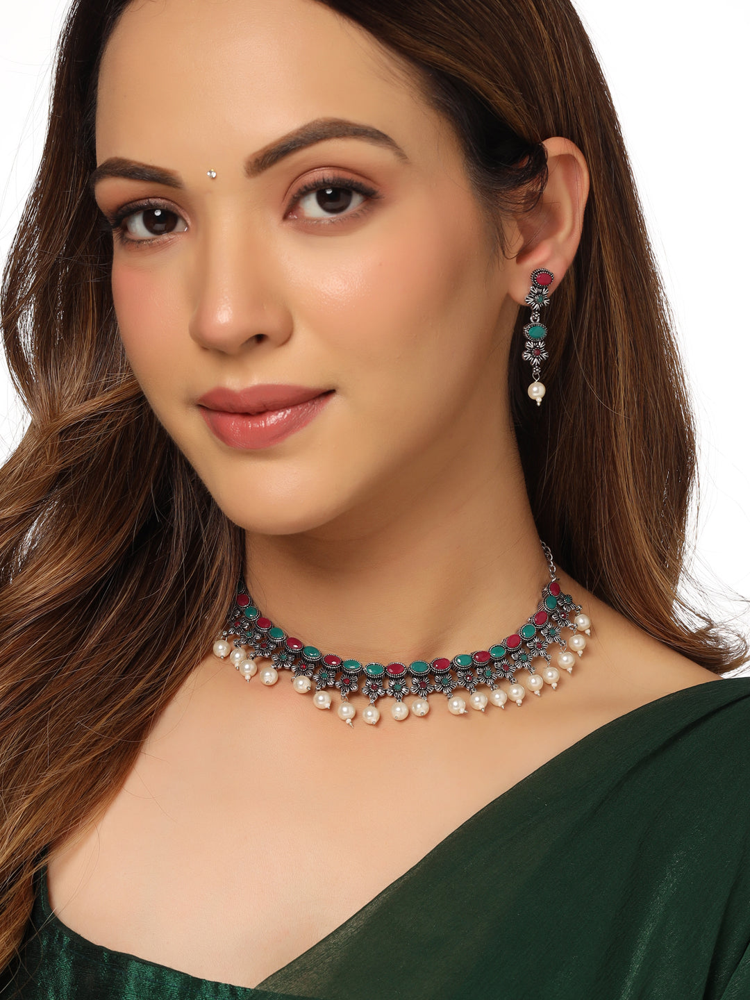 Women's Silver-Plated Stone Studded Oxidised Silver Jewellery Set