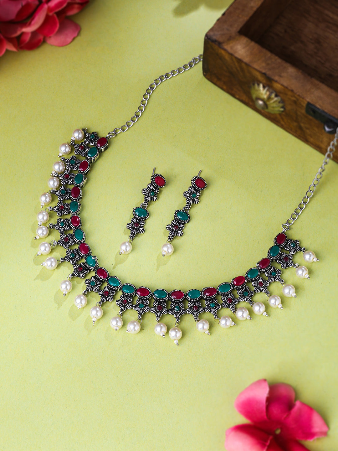 Women's Silver-Plated Stone Studded Oxidised Silver Jewellery Set